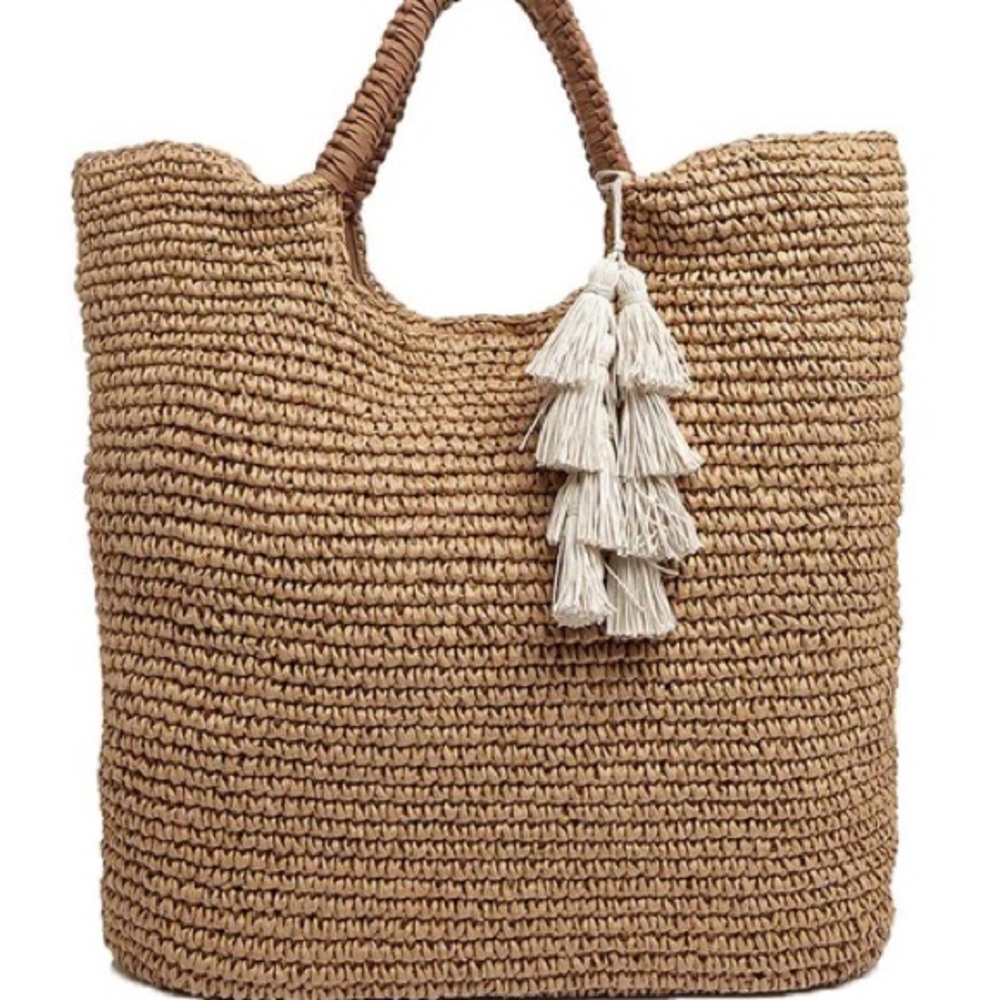 Tan and Brown Woven Tote Bag with Tassel